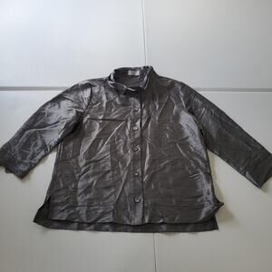 Terra Jacket Women Large Grey Button Front Lightweight Crinkle Artsy Wire Collar